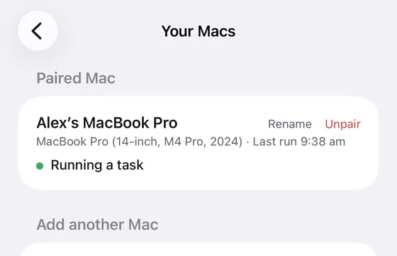 Your Macs in the iPhone app: a paired MacBook Pro running a task